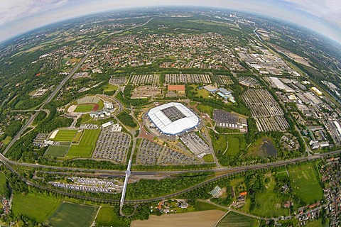 Aerial, Sportparadies sports paradise, Schalke Feld, Veltins-Arena stadium, S04 football club, Buer, Gelsenkirchen, Ruhrgebiet area, North Rhine-Westphalia, Germany, Europe