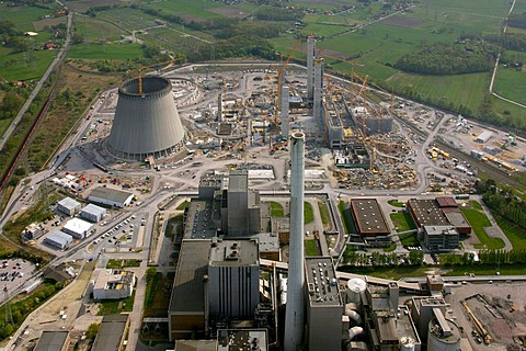 Aerial photo, Kraftwerk Westfalen power plant, power plant construction, coal power plant, RWE-Power, Datteln-Hamm-Kanal canal, Uentrop, Hamm, Ruhrgebiet region, North Rhine-Westphalia, Germany, Europe