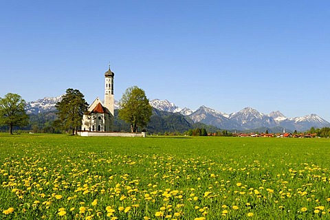 Pilgrimage Church of St. Coloman near Fuessen, Thannheim Mountains, spring, East Allgaeu, Allgaeu, Bavaria, Germany, Europe