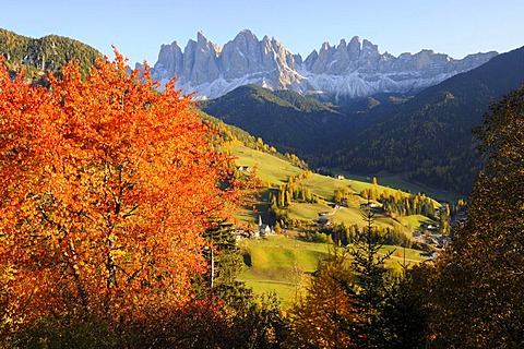 St. Magdalena church with Odle massif, Valle di Funes valley, Dolomites, South Tyrol, Italy, Europe