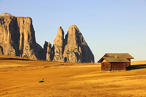 Cabins on the Seiser Alm mountain pasture with Mt. Schlern, Dolomites, South Tyrol, Italy, Europe