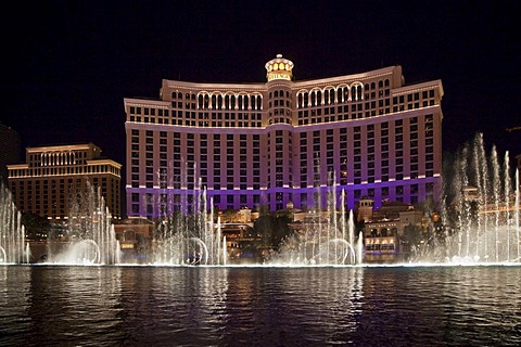 Water show at the Bellagio Hotel at night, Las Vegas, Nevada, USA