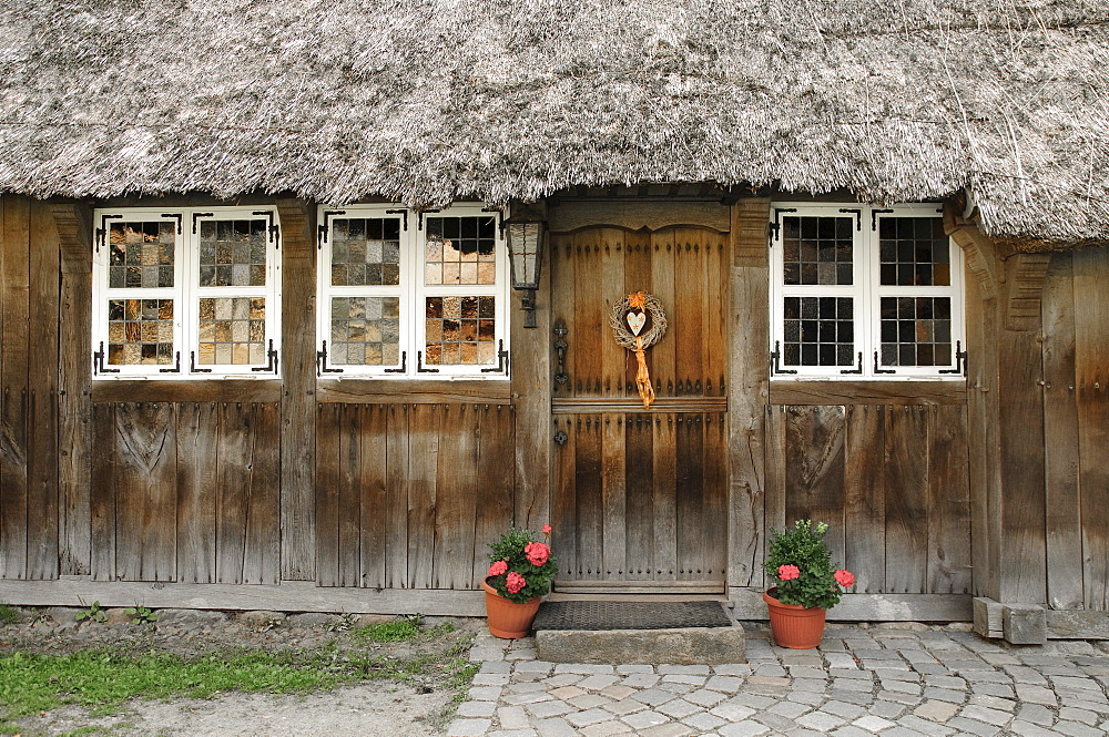 Entrance of a historic farmhouse in Wilsede, Lueneburg Heath Nature Park, Lower Saxony, Germany, Europe