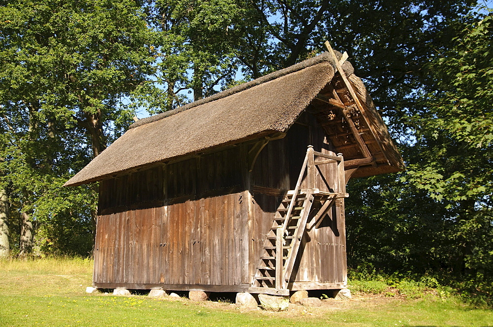 Historic Treppenspeicher storehouse in Wilsede, Lueneburg Heath Nature Park, Lower Saxony, Germany, Europe