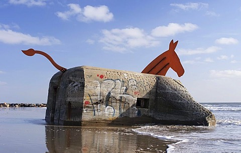 Art at a bunker, bunker from World War II decorated as a mule on the beach of Blavand, Jutland, Denmark, Europe