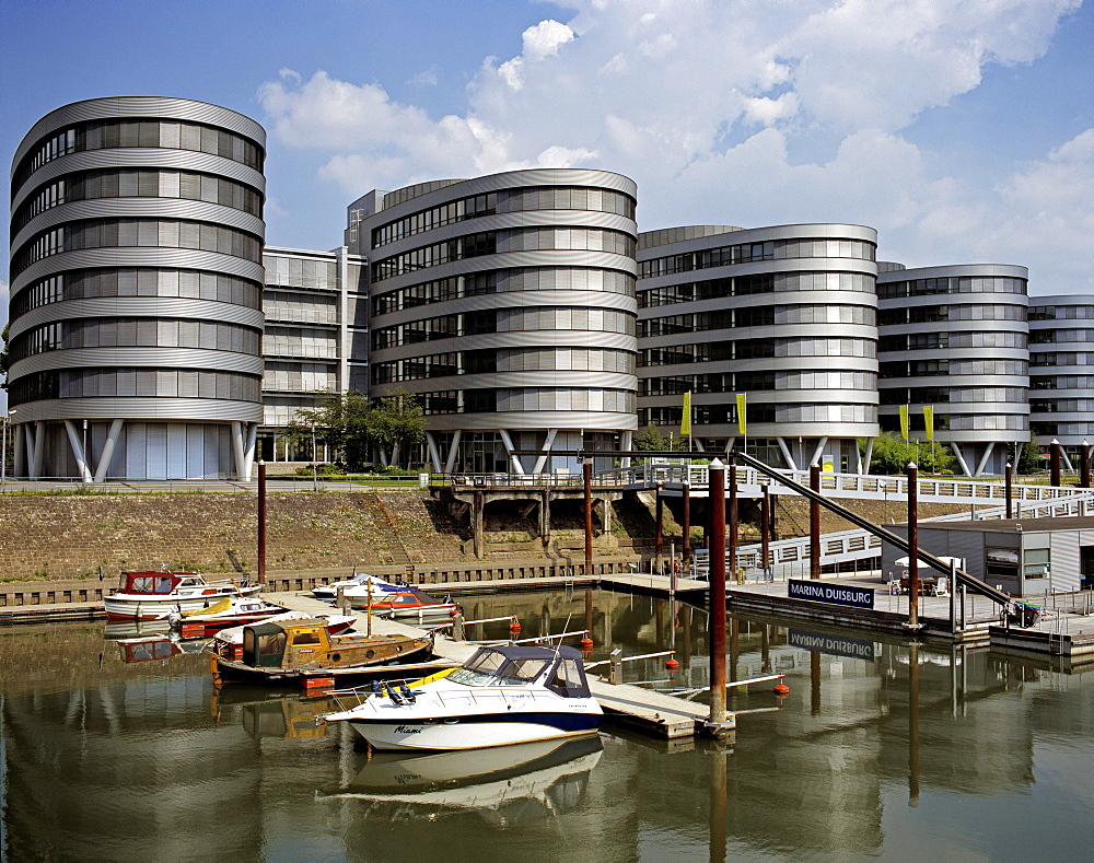 Marina and Five Boats building, Inner Harbour, Duisburg, North Rhine-Westphalia, Germany, Europe