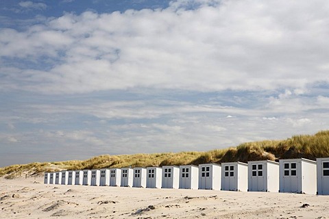 Wooden beach huts against a blue sky, beach, near the nature reserve De Slufter, Texel, The Netherlands, The Netherlands, Europe