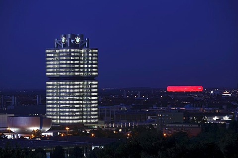 BMW four-cylinder building and Allianz Arena, Munich, Bavaria, Germany, Europe