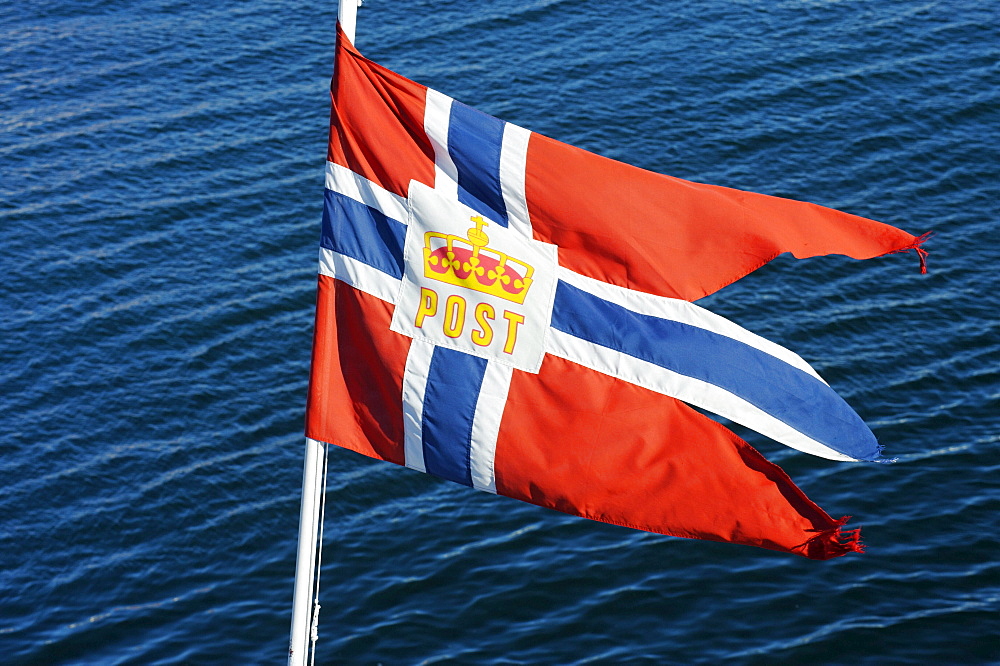 Flag of the mailboat Nordkapp, Hurtigruten, Norway, Scandinavia, Europe