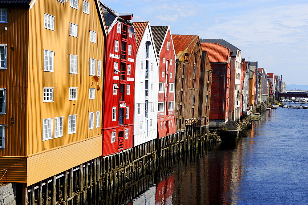 Former trading houses at the Kjopmannsgata on the river Nidelva, Trondheim, Norway, Scandinavia, Europe