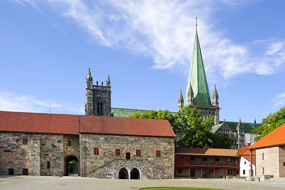 Palace of the archbishop in front of the tower of the Nidaros cathedral, Trondheim, Norway, Scandinavia, Europe