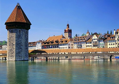 Kapellbruecke bridge and water tower, Luzern, Canton of Lucerne, Switzerland, Europe