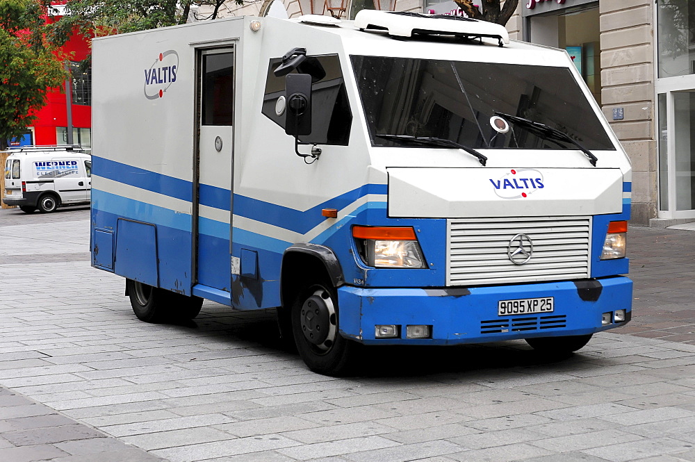 Armoured vehicle used for money transport, city centre, Mulhouse, Alsace, France, Europe