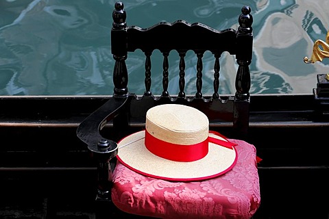 Detail, gondolier's hat, gondola, Grand Canal, Venice, Veneto, Italy, Europe