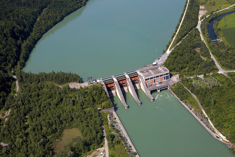 Hydroelectric power station on the Drau River in Galicia, aerial photo, Rosental, Carinthia, Austria, Europe