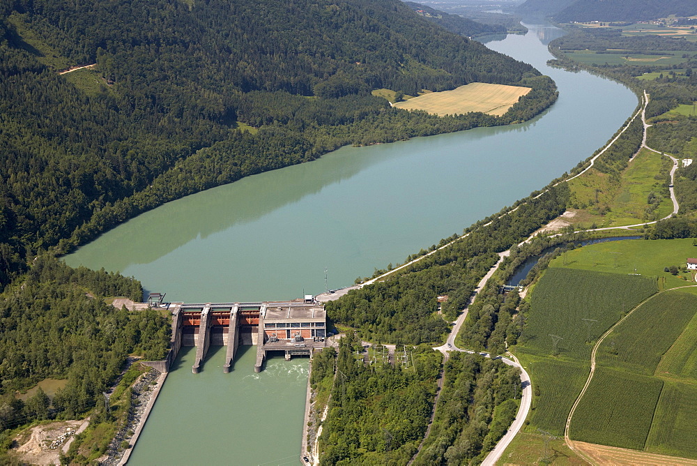 Hydroelectric power station on the Drau River in Galicia, aerial photo, Rosental, Carinthia, Austria, Europe