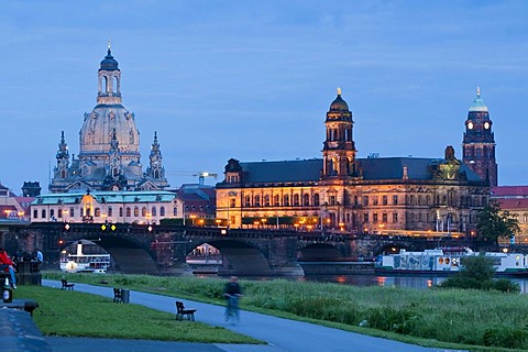 Baroque Dresden at dusk, River Elbe, Staendehaus, Frauenkirche Church of Our Lady, Dresden, Saxony, Germany, Europe