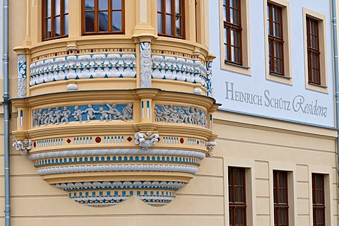 Schuetzhaus building, Renaissance oriel, Neumarkt square, historic town centre, Dresden, Saxony, Germany, Europe