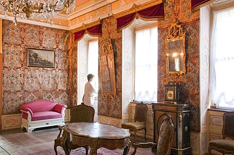 Leather wallpapered room, Weesenstein Castle near Dresden, Saxony, Germany, Europe