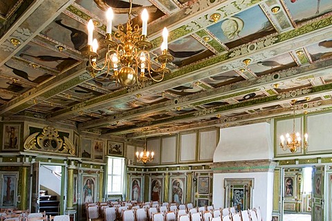 Ballroom with wall and ceiling paintings, coffered ceilings, Loessnitz Manor, Radebeul near Dresden, Saxony, Germany, Europe