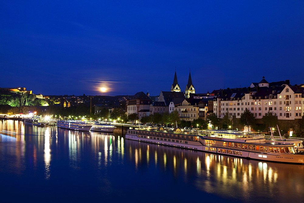 Sightseeing, cruise boats on the river, Koblenz by night Rhineland-Palatinate, Germany, Europe