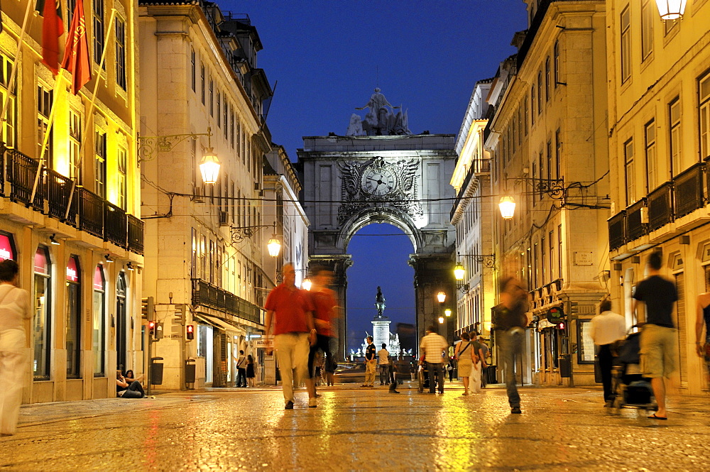 Rua Augusta street at night, pedestrian and shopping mile, Baixa District, Lisbon, Portugal, Europe