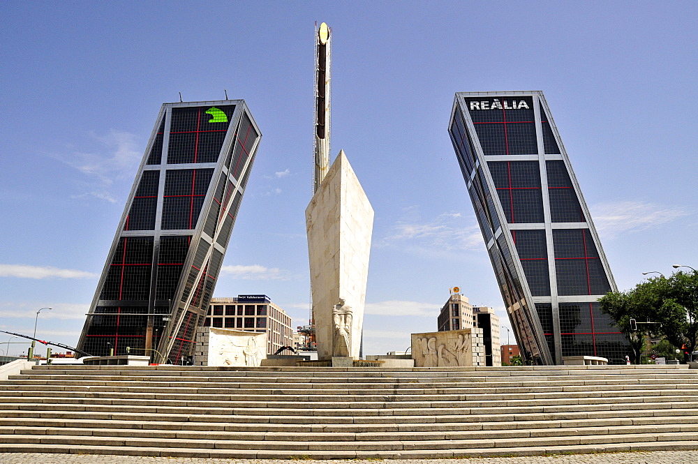 Monument to Jose Calvo Sotelo in front of Kio Towers, Torres Kio or Puerta de Europa, Plaza Castilla, Madrid, Spain, Iberian Peninsula, Europe