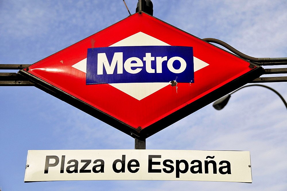 Sign Metro, subway, Plaza de Espana, Madrid, Spain, Iberian Peninsula, Europe