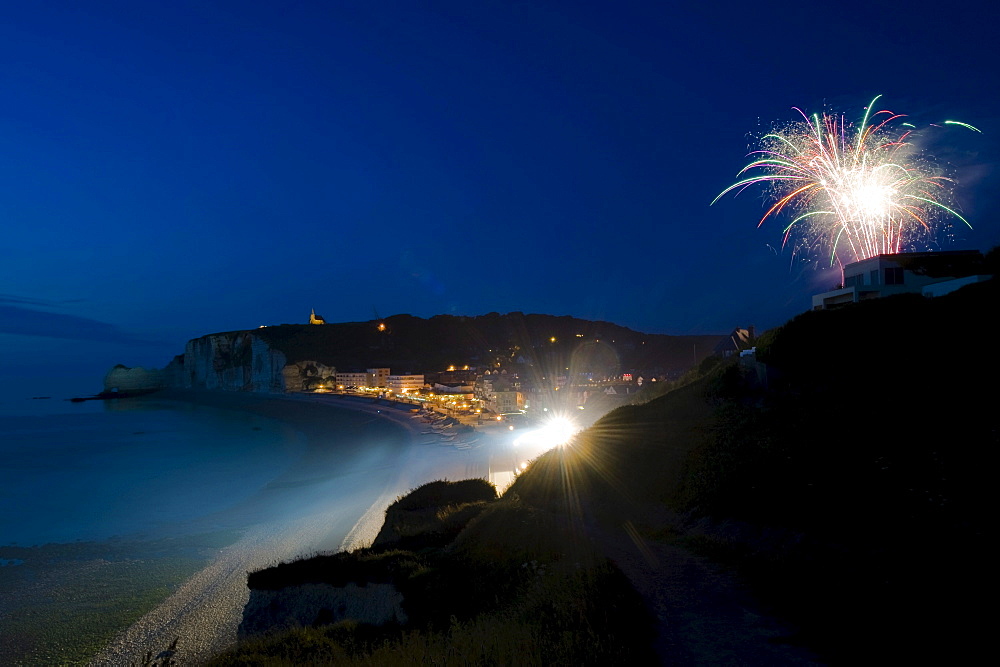 Fireworks, Falaise d'Amont, Etretat, Haute Normandie, France, Europe