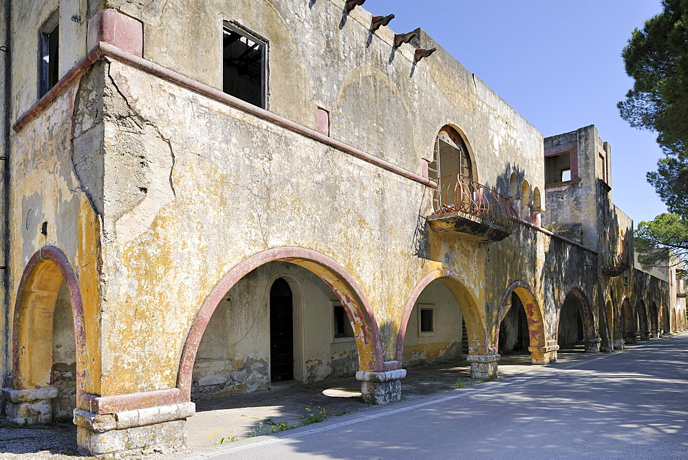 Dilapidated Italian palace of the governor, Eleoussa, Rhodes, Greece, Europe