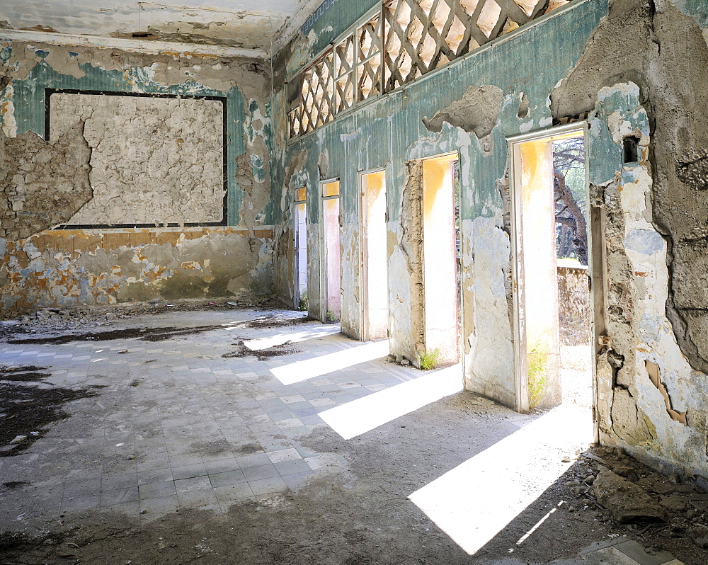 Dilapidated Italian palace of the governor, Eleoussa, Rhodes, Greece, Europe