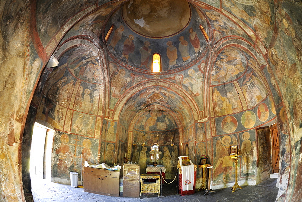 Byzantine frescoes, ca. 1500, in the church of Agios Nikolaos Fountoukli, Rhodes, Greece, Europe