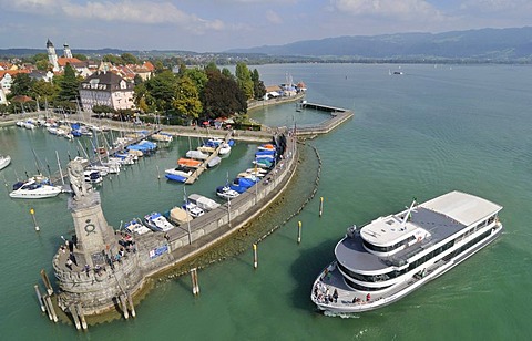 Ship entering the Lindau port, Lake Constance, Bavaria, Germany, Europe