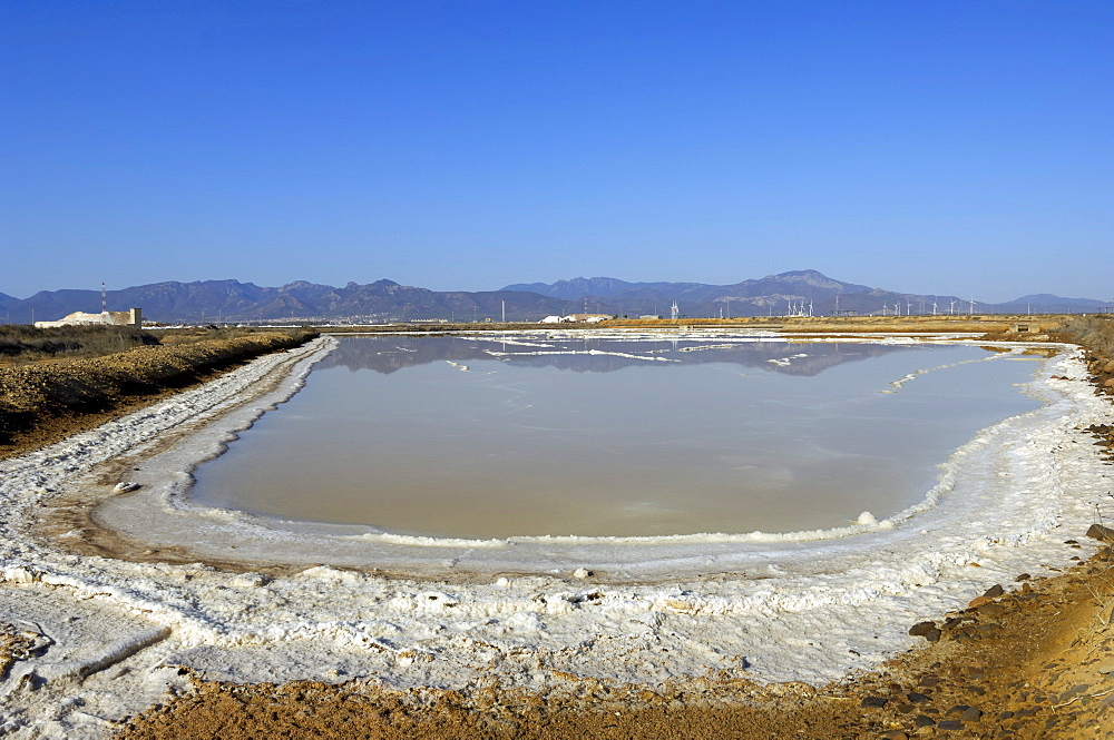 Salty shores of a salt lake, salt production, Cagliari, Sardinia, Italy, Europe