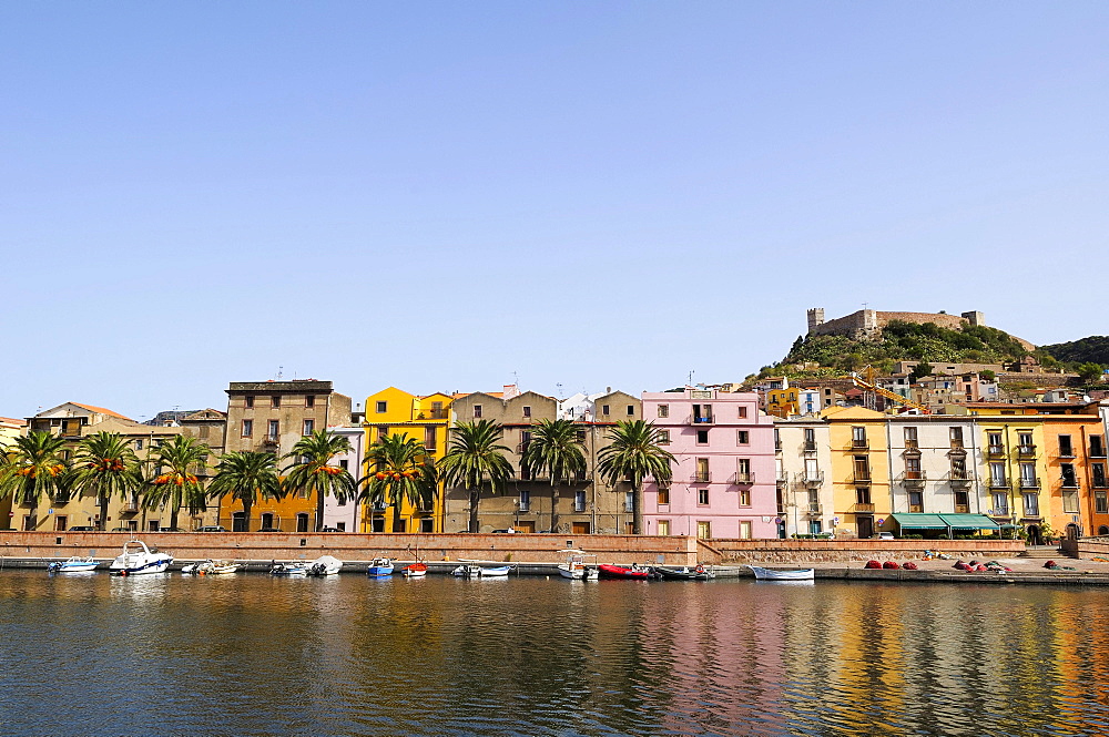 Overlooking the river Temo and the historic town centre with Malaspina Fortress, Bosa, Oristano, Sardinia, Italy, Europe