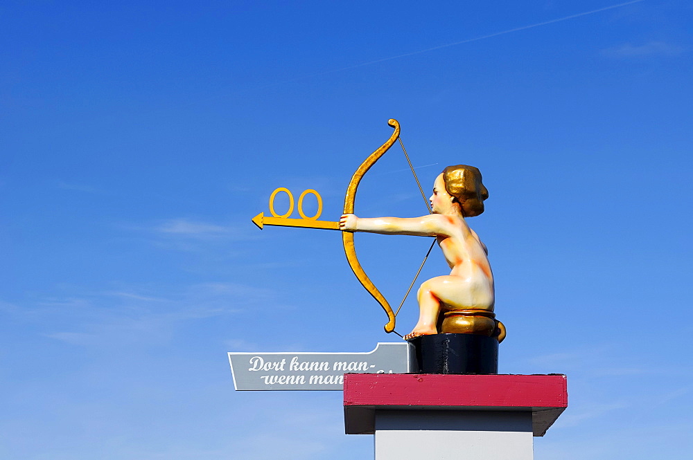 Guidepost to the toilet, angel with a bow and arrow, Oktoberfest, Munich, Upper Bavaria, Bavaria, Germany, Europe