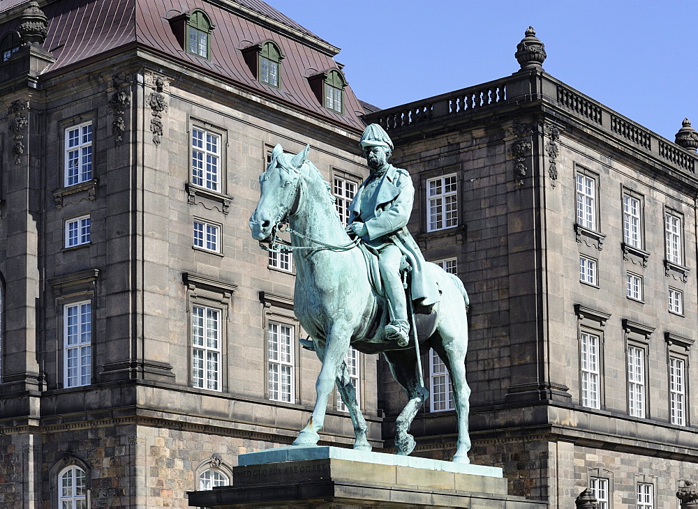 Christiansborg Castle with equestrian statue of King Frederik VII, seat of the Danish Parliament, Copenhagen, Denmark, Scandinavia, Northern Europe, Europe