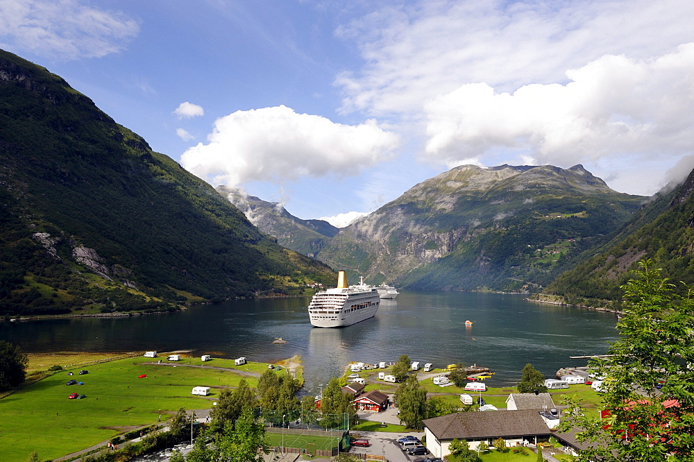 View from Flydalsjuvet on the town Geiranger, Geirangerfjord, Norway, Scandinavia, Northern Europe, Europe