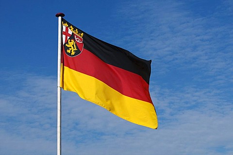 Flag waving in the breeze, German flag with the coat of arms of Rhineland-Palatinate