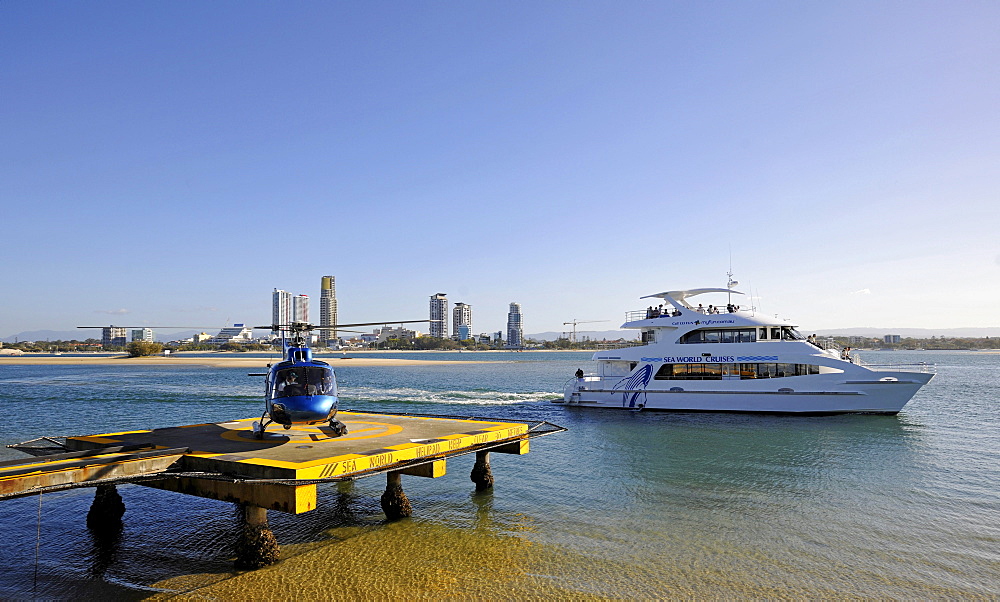 Helicopter platform and Sea World excursion boat, Surfers Paradise, Gold Coast, New South Wales, Australia