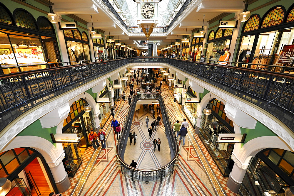 Great Australian Clock, arcades, boutiques, QVB, Queen Victoria Building, shopping centre, Sydney, New South Wales, Australia