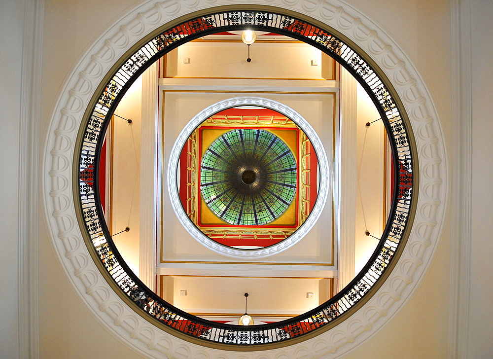 Glass ornamentation, glass vaulted roof, large central dome, QVB, Queen Victoria Building, shopping centre, Sydney, New South Wales, Australia