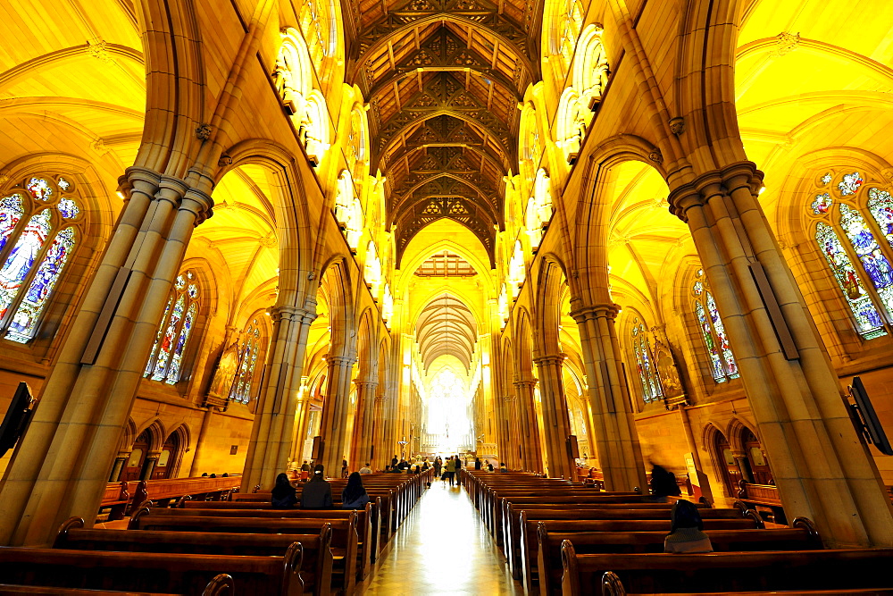 Interior shot of the south portal, nave and side aisles, St. Mary's Cathedral, Sydney, New South Wales, Australia