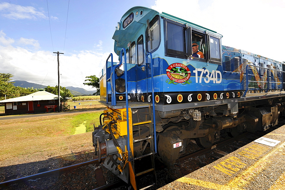 Diesel locomotives and carriages, Kuranda Scenic Railway, historic station, Freshwater Station, Cairns, Queensland, Australia