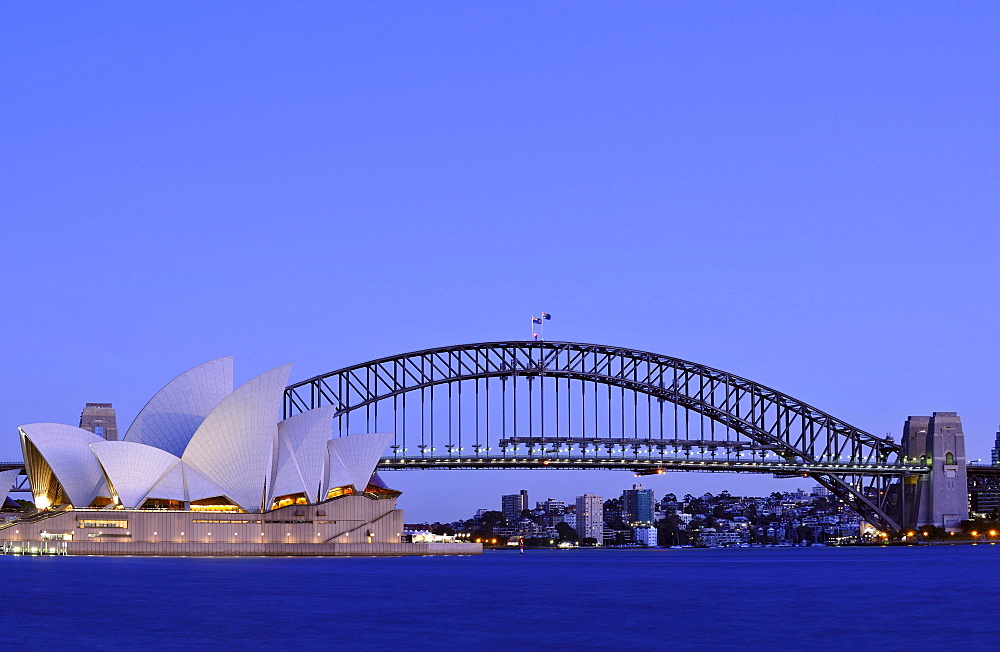 Sydney Opera House, Sydney Harbor Bridge, Kirribilli, before sunrise, Sydney, New South Wales, Australia