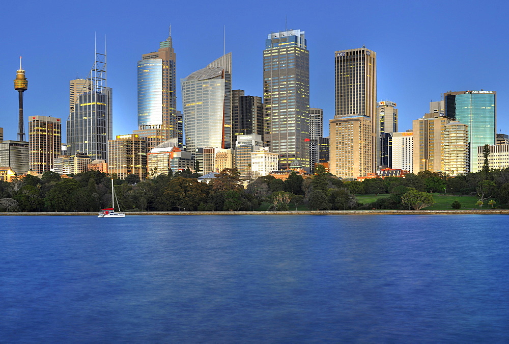 Skyline of Sydney before sunrise, TV Tower, Central Business District, Sydney, New South Wales, Australia