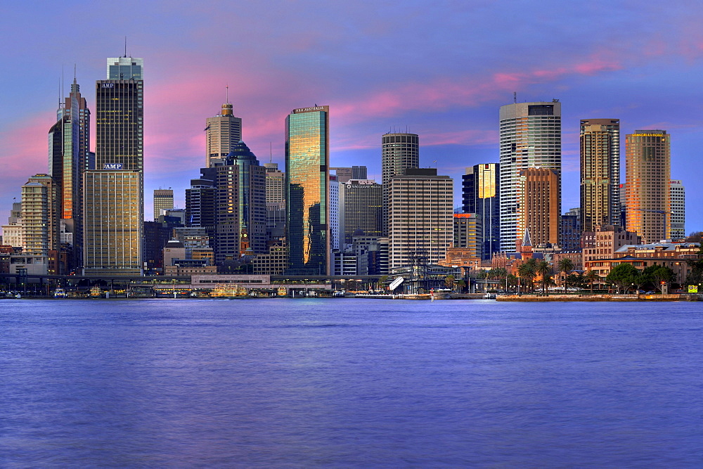 View of Sydney Cove in the morning light, Circular Quay, port, Sydney skyline, Central Business District, Sydney, New South Wales, Australia