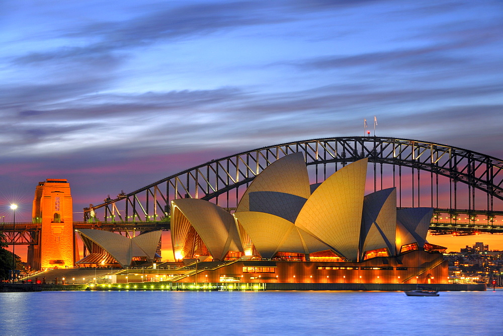 Sydney Opera House, Sydney Harbor Bridge, night, Sydney, New South Wales, Australia