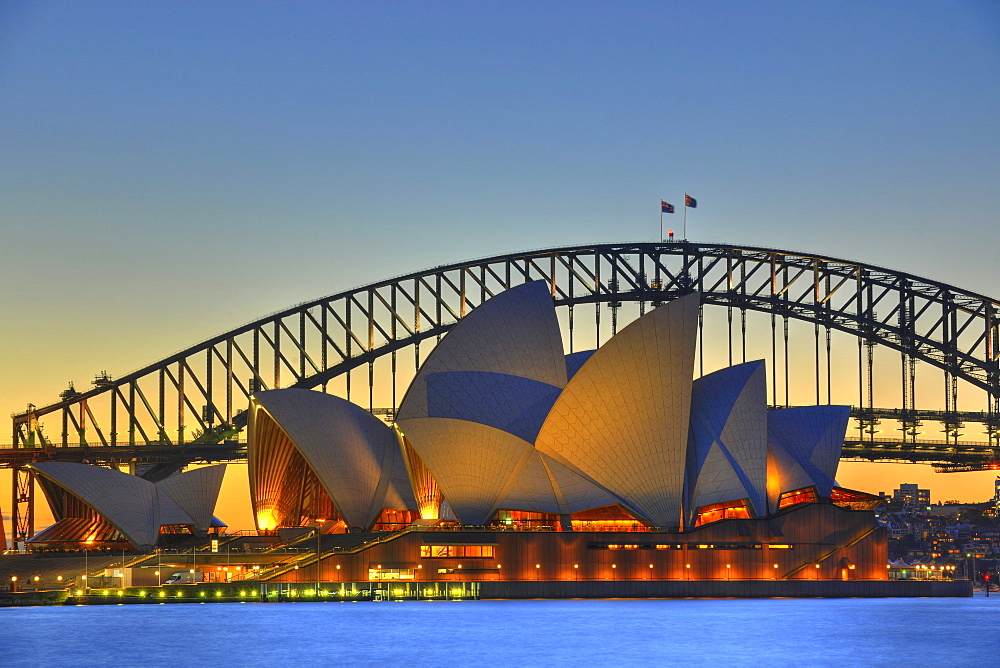 Sydney Opera House, Sydney Harbor Bridge, night, Sydney, New South Wales, Australia