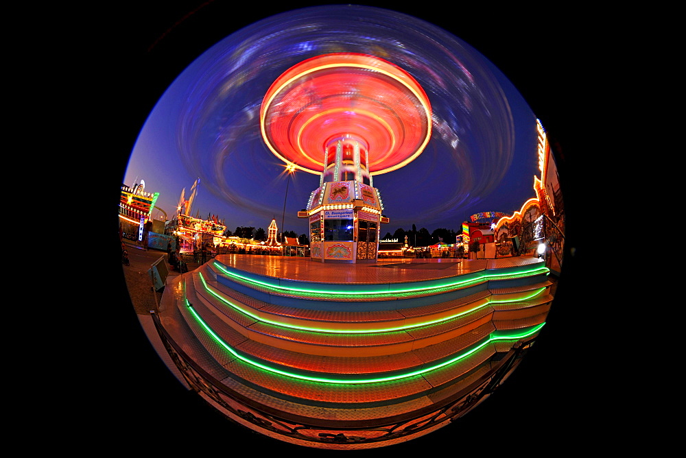 Night scene, fisheye shot, Chair-O-Planes or Swing Carousel, Cannstatt Festival, Stuttgart Beer Festival, Stuttgart, Baden-Wuerttemberg, Germany, Europe